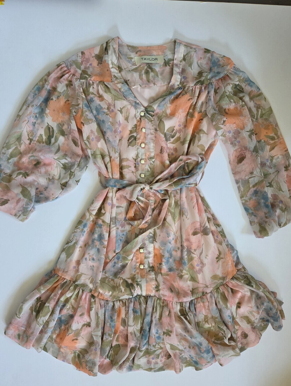 Taylor floral flowy button down fit flare ruffle hem long sleeve cottage dress 2